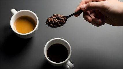 Overhead view of a hand holding a spoon full of coffee beans over two cups of coffee one light and one dark on a dark background.