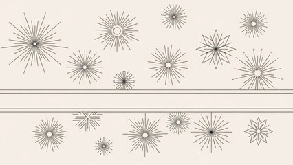 Collection of abstract starburst and snowflake line art elements minimalist decorative patterns for festive design isolated on cream background
