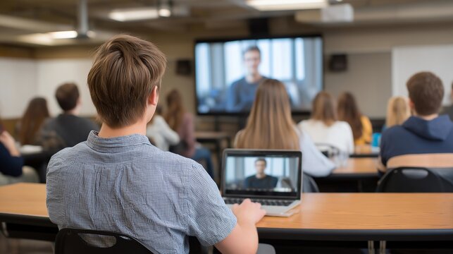 A hybrid college lecture where some students attend in person while others join via live video on a large classroom screen. cinematic color correction, natural uneven lighting yet gentle backlight,