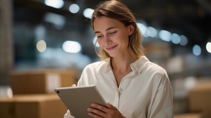 Supply chain coordinator checking inventory levels and delivery timelines on a tablet inside a warehouse, ensuring efficiency and continuity of logistics. cinematic color correction, natural uneven