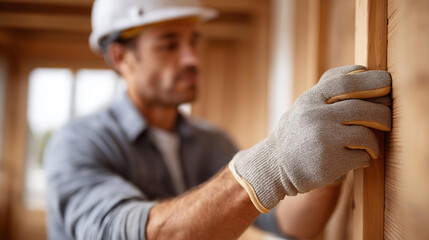 Faceless tradesman in hardhat and gloves working on wooden wall, construction worker activity, building installation work, carpentry or electrical service, defocused person working