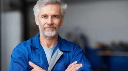 Faceless middle-aged male electrician stands confidently with crossed arms in workshop, displaying expertise and determination, professional tradesperson posture, defocused person,