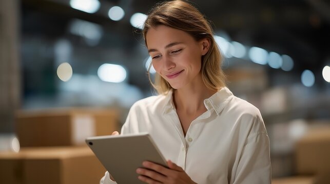 Supply chain coordinator checking inventory levels and delivery timelines on a tablet inside a warehouse, ensuring efficiency and continuity of logistics. cinematic color correction, natural uneven - Powered by Adobe