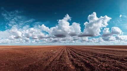 Dramatic landscape of a plowed field under a cloudy blue sky