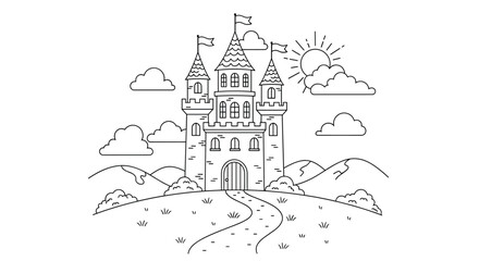 Obraz premium Detailed black and white coloring page for kids featuring a magical fairytale castle with flags clouds a path and a shining sun.