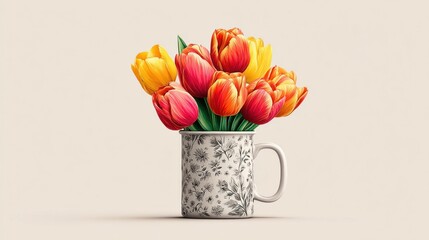 Vibrant tulips in a decorative mug against a neutral background