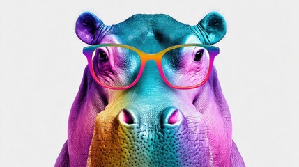 Colorful hippo wearing glasses, a vibrant and whimsical animal portrait