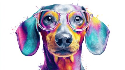 Colorful Dachshund Wearing Glasses, Artistic Dog Portrait on White