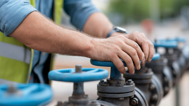 Faceless closeup of workers hands adjusting valves on pipeline at petroleum facility, industrial equipment operation, oil and gas maintenance, pressure control work, defocused hand