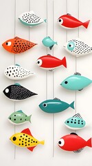 Colorful Fish Cutouts on White Background.
