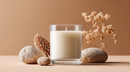 Elegant candle in glass with natural elements on a neutral background