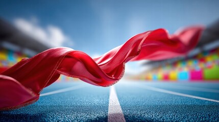 A vibrant red ribbon floats gracefully above a blue athletic track in a stadium.