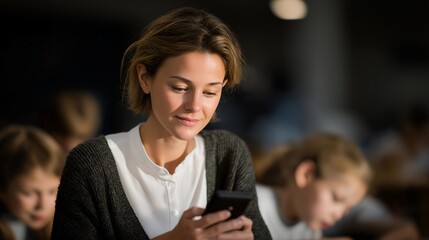 A teacher verifying student attendance on a digital classroom app, tapping names as children settle into their seats — education management and daily record-keeping. cinematic color correction,