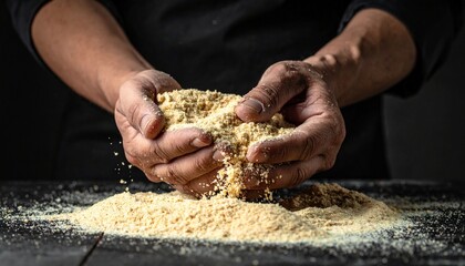 Close-up of hands sifting golden flour, breadcrumbs, or powdered ingredient, showcasing texture for baking or cooking.
