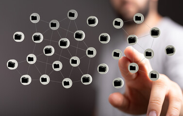 Person interacting with abstract digital network connection, conceptual technology, data storage or transfer co