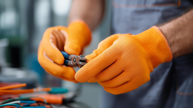 Faceless hands in orange insulating gloves work with crimping pliers and cables, horizontal orientation, electrical tool operation, wire connection work, defocused hands with equip