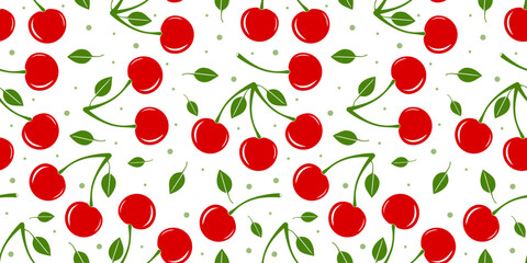 Red cherry seamless pattern, ripe berry with green leaves endless texture. Cartoon red cherries design for packaging, clothes, background, cover, fabric, textile, wallpaper. Vector illustration