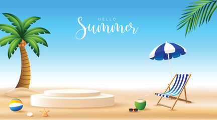 Summer beach scene with podium display, palm trees, deck chair, umbrella, coconut drink and clear blue sky. Tropical background for product presentation.