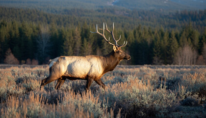 Majestic Elk Walking Through Autumn Meadow at Dawn