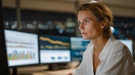 A financial analyst reviewing a detailed carbon-emission report on a multi-screen workstation, colorful ESG performance graphs and Scope 1&ndash;3 breakdowns glowing under office lights as she prepares