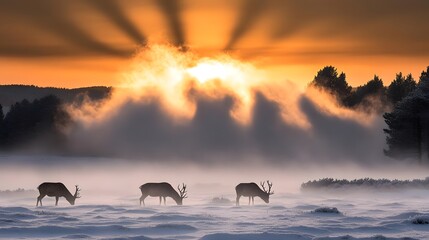 Elephants Walking Through Misty Lake at Sunrise.