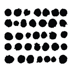 Abstract arrangement of irregular black circular shapes on a plain white background