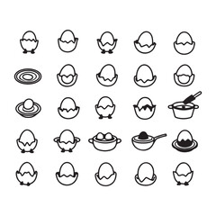Collection of minimal line art icons depicting eggs nests and cooking elements