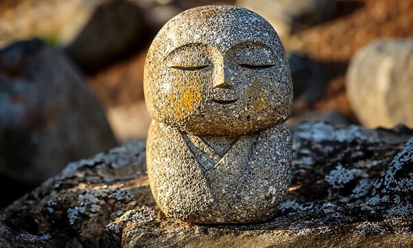 Serene Stone Buddha Statue Meditating Outdoors on Rocks Bathed in Golden Sunlight.