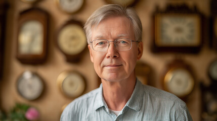 Faceless older man wearing glasses stands in front of wall of clocks, timepiece display, watch collection backdrop, horological environment, defocused elderly person, with copy spa