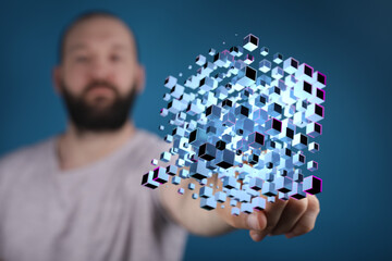 Abstract image of a person touching digital cubes. Symbol of connection, data, and future technologies. Represe