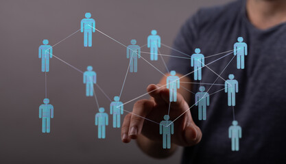 Hand interacting with digital network interface. Illustrating connection, communication and global concepts in