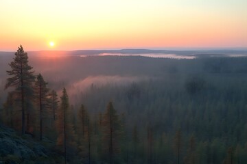 Foggy Forest Landscape at Sunrise or Sunset.