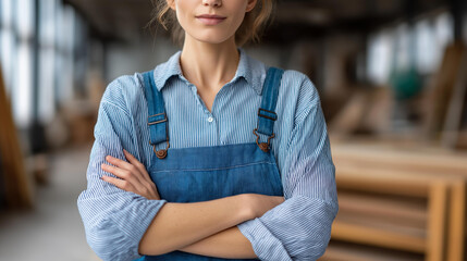 Faceless woman in workshop with arms crossed, woman wearing blue work shirt and overalls, workshop out of focus in background, female tradesperson posture, defocused person, with c