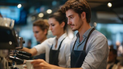 Baristas in a café overwhelmed by a rush hour line, steam rising from espresso machines as customers tap impatiently on phones — morning ritual hustle, workplace caffeine culture, and