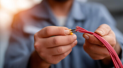 Faceless closeup of electrician cutting wire, cable trimming work, electrical preparation, wire sizing task, power line cutting, defocused hands with tool, with copy space