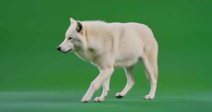 White wolf walking on green screen background in studio setting with detailed footage