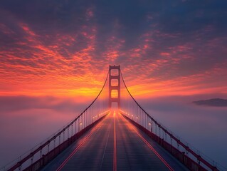 Golden Hour on Suspension Bridge at Sunset.