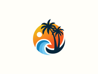 Palm tree and sunset, beach logo design vector template