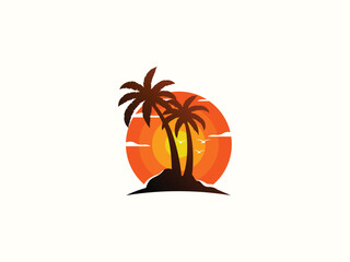 Palm tree and sunset, beach logo design vector template