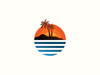 Palm tree and sunset, beach logo design vector template