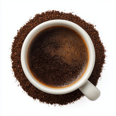 Obraz premium Top view of a white mug with black instant coffee, encircled by coffee grounds on white—clean studio image for cafe, breakfast, and caffeine themes.