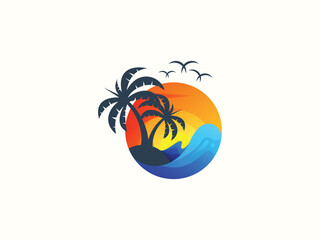 Palm tree and sunset, beach logo design vector template