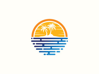 Palm tree and sunset, beach logo design vector template