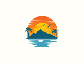 Palm tree and sunset, beach logo design vector template