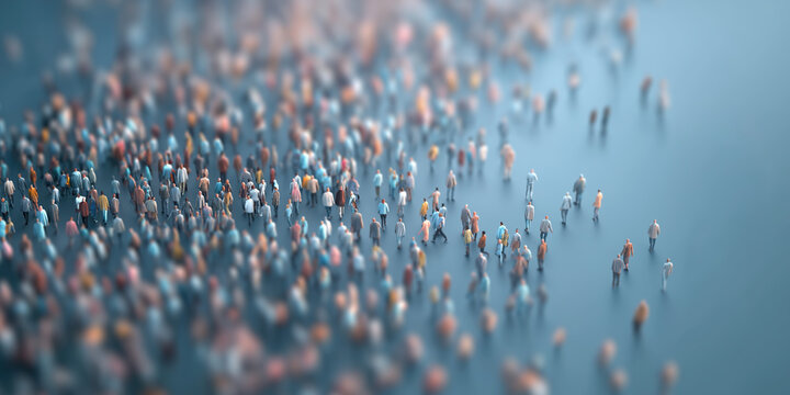 Small figures disperse across surface portraying demographic distribution and social interaction.