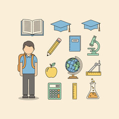 Fototapeta premium Student with backpack and various educational tools for learning.