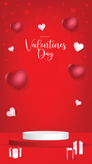 Red Valentine&rsquo;s Day background with floating hearts, gift boxes, and empty podium for product display. Romantic holiday concept for advertising, promotion, and love celebration.