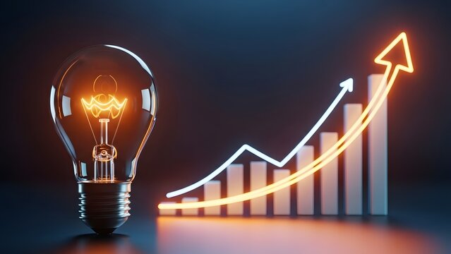 Creative idea sparking business growth and innovation. Visionary leadership and success strategies. Light bulb glowing next to a rising bar graph and upward moving arrows