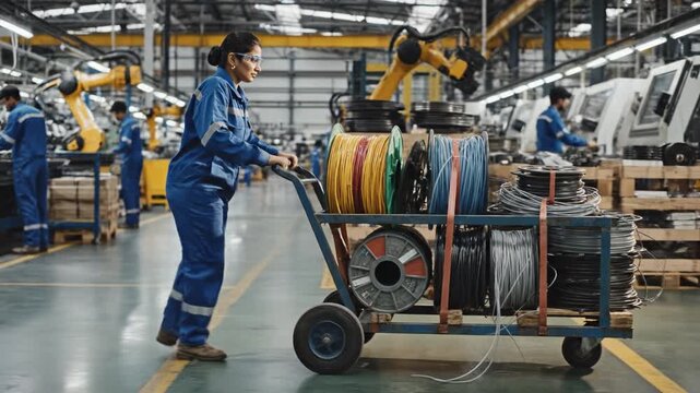 Female factory worker blue uniform and protective glasses pushes cart loaded with cable spools and coiled wire through industrial assembly floor with robotic arms and technicians safety gear creating