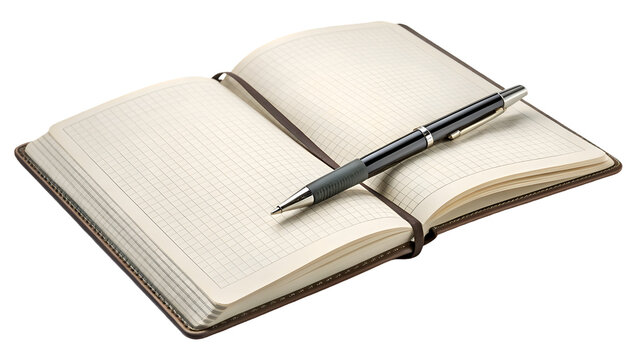 Ultra realistic studio photograph of an open notepad with pen on top, brown elastic band, white background, still life, everyday objects, stationery, writing instrument